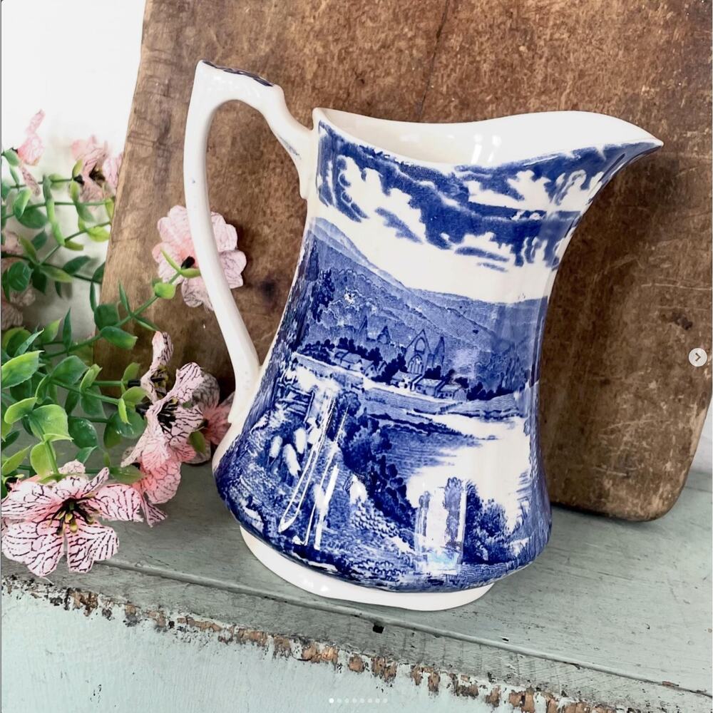 Vintage Meakin England Tintern Blue White Transferware Pitcher